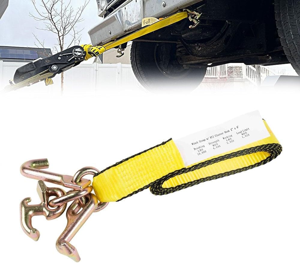 Mytee Products 2" x 8' Recovery Winch Strap with RTJ Cluster Hook - Heavy-Duty 3,333 lbs WLL Towing Tie Down Strap for Tow Trucks, Wreckers & Flatbed Cargo Securement