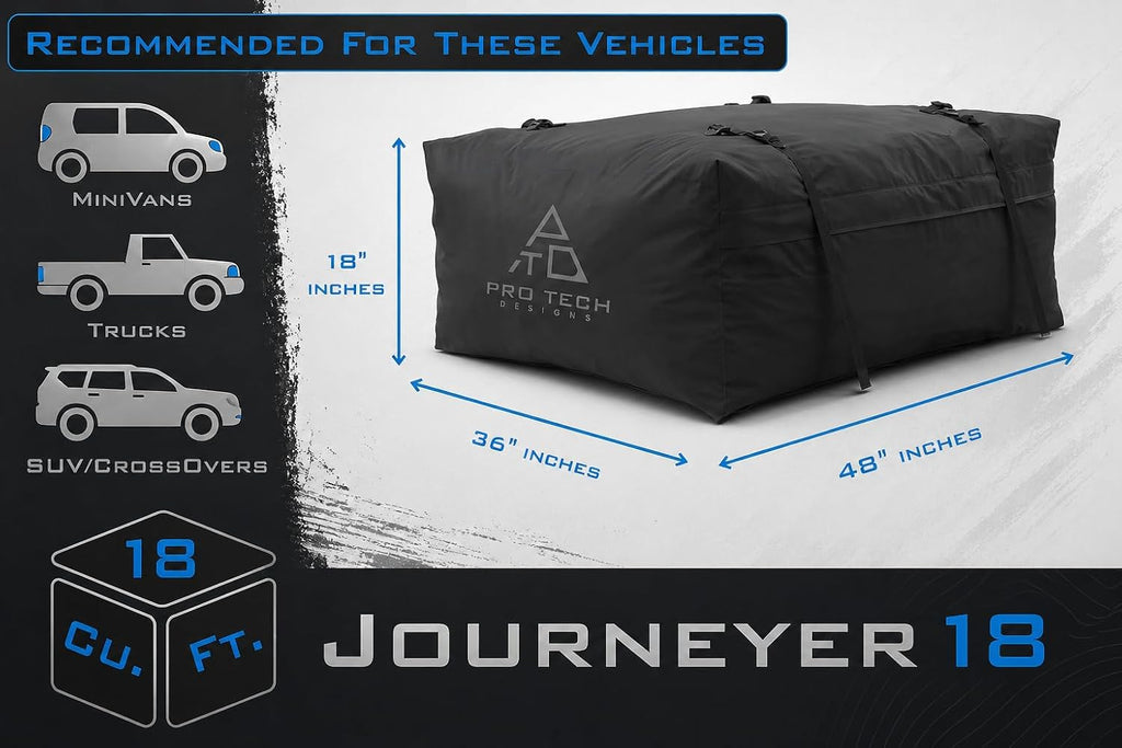 Journeyer 18 Waterproof Rooftop Cargo Carrier Bag, 18 Cubic Feet Vehicle Roof Storage with Straps & Door Hooks, Heavy Duty Car Top Carrier for SUVs, Vans, RVs & Trucks, 48" x 36" x 18"
