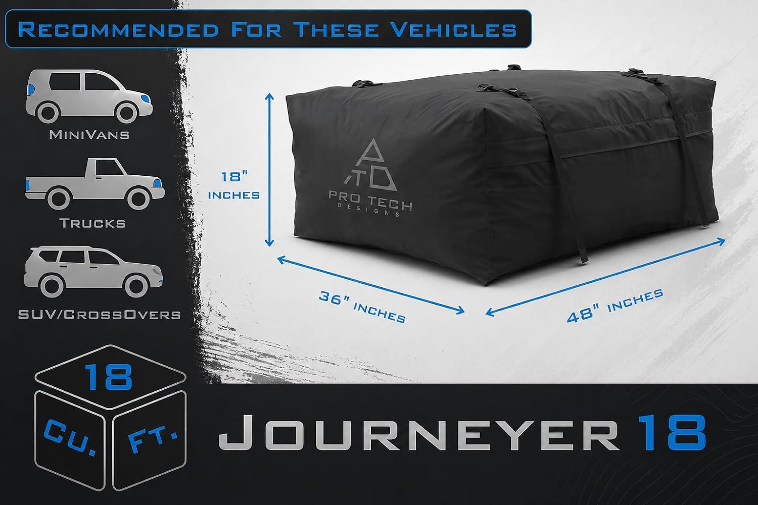 Journeyer 18 Waterproof Rooftop Cargo Carrier Bag, 18 Cubic Feet Vehicle Roof Storage with Straps & Door Hooks, Heavy Duty Car Top Carrier for SUVs, Vans, RVs & Trucks, 48" x 36" x 18"