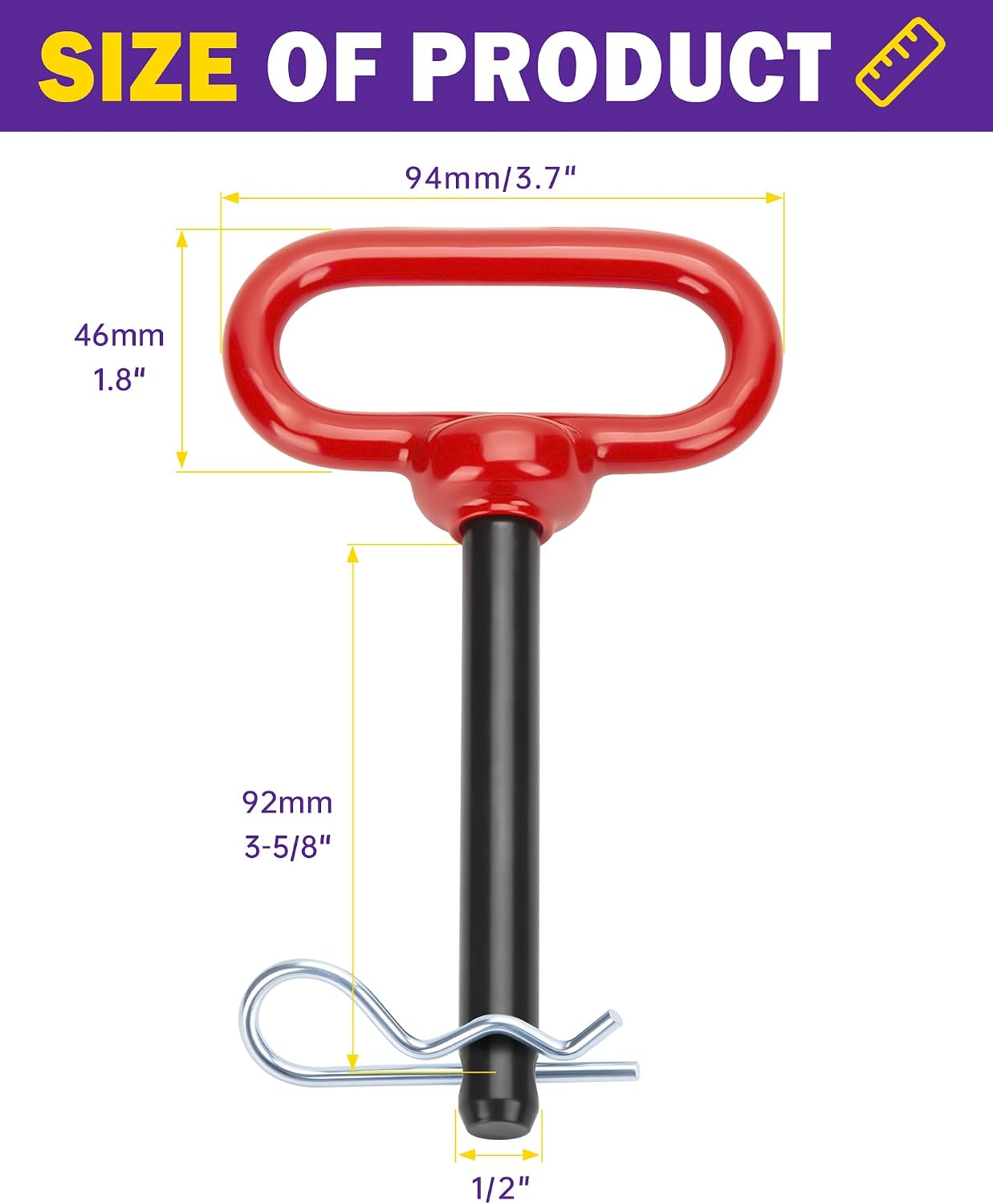 1/2 inch Trailer Hitch Pin and Clip, 1/2" x 4" Tow Hitch Pin Rubber Coated Red Handle Pin for Tractors, Towing, Lawn Mower, Golf Cart and ATV, Heavy Duty Gate Pin Trailer Accessories One-Handed