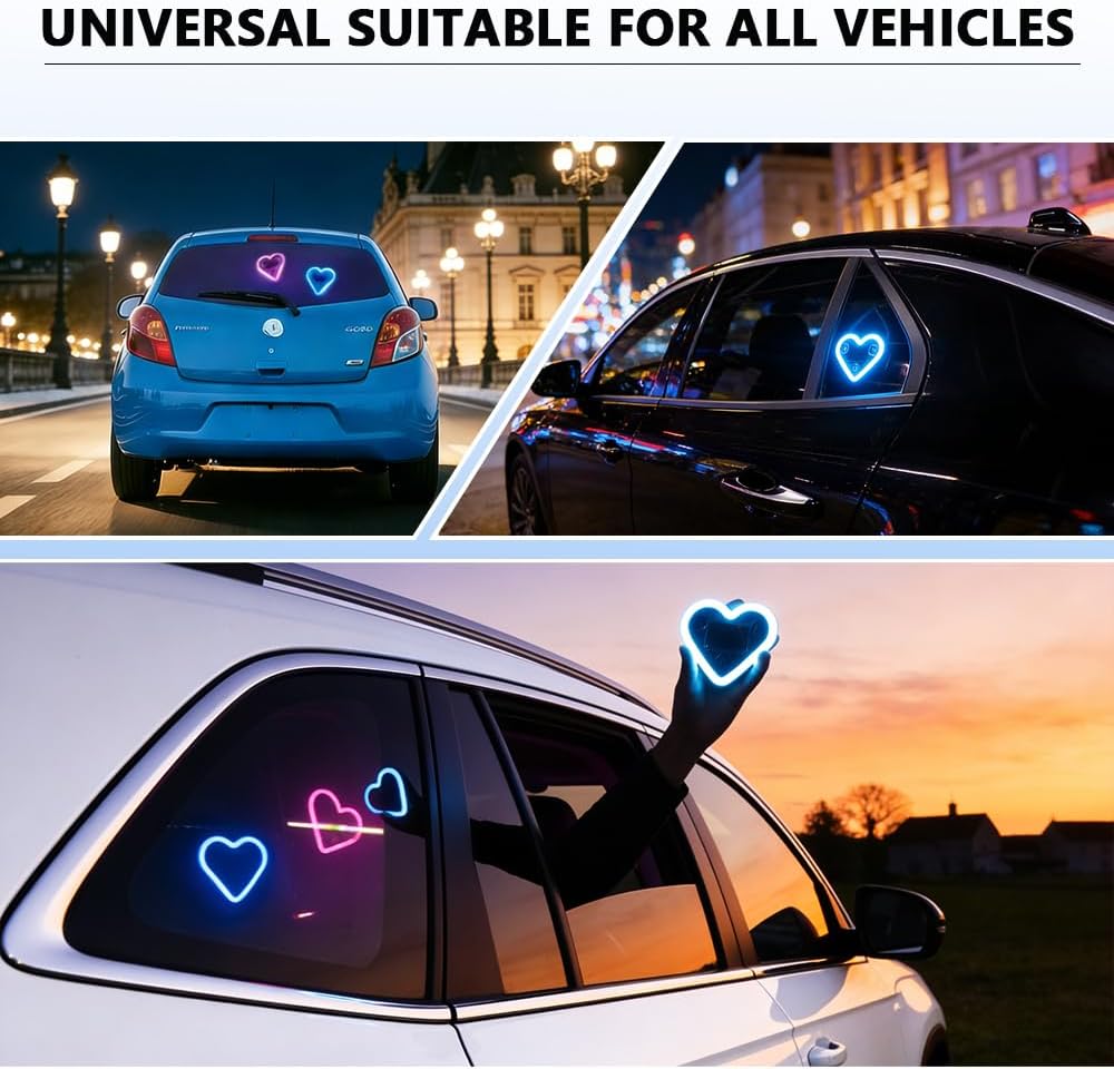 2Pcs Solar Powered Heart Light for Car, LED Wireless Ambient Lamp with 6 Modes & Vibration Sensor Can Automatically Power the Light On, Romantic Ambient Gift for Couples (Pink)