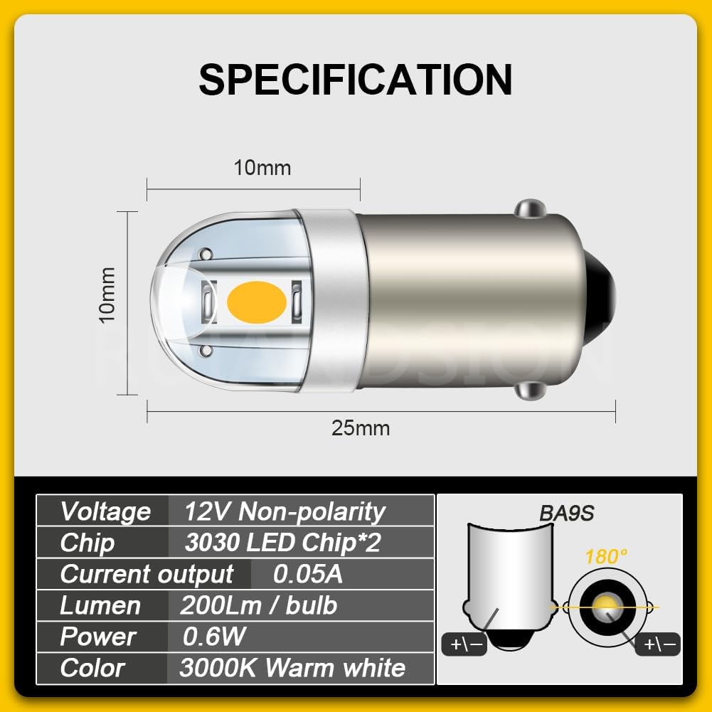 Ruiandsion BA9S LED Bulbs 40-Pack, 12V 0.6W Warm White Interior Lights, for Trunk Glove Box License Plate, Fits BA9S 53 57 257 1893