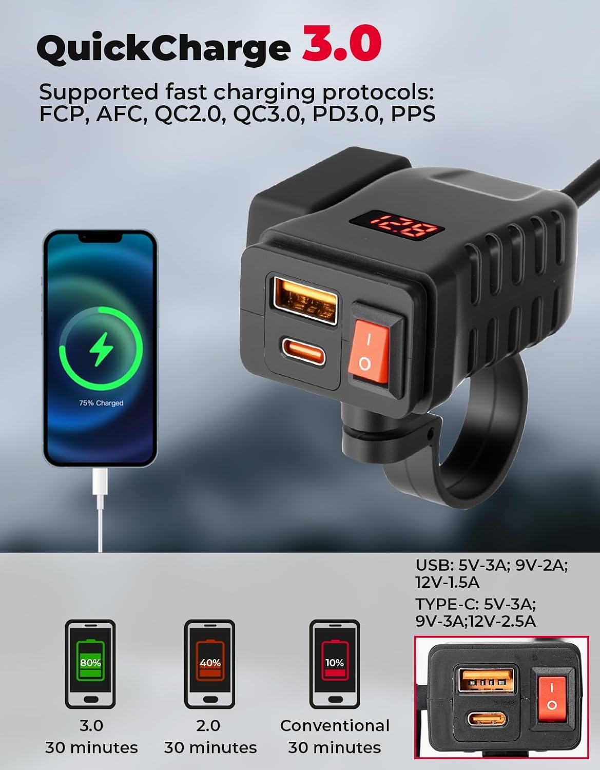 KEMIMOTO Motorcycle USB Charger with USB-C and USB-A Ports, 61-Inch Extra-Long IP66 Waterproof Cable, 30W 3.0 Fast Charging for Phone GPS, On/Off Switch, SAE 5A Fuse, Fits 7/8" Handlebars on ATV, UTV