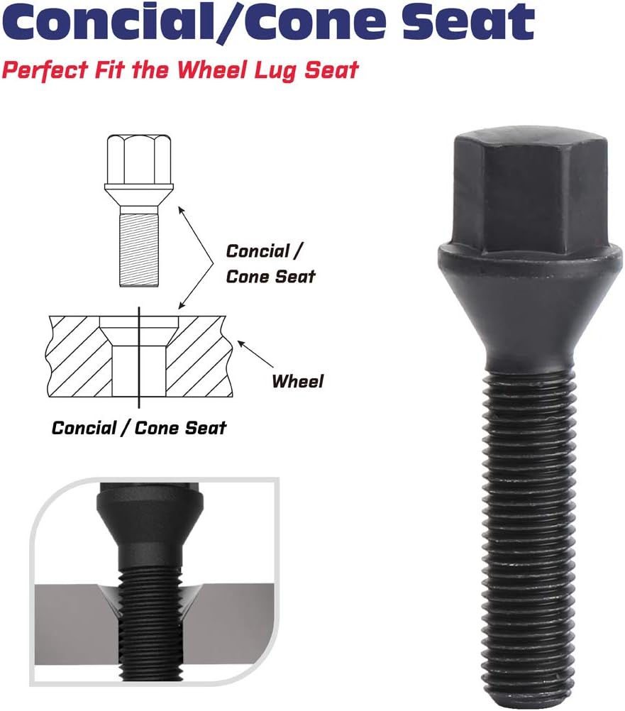 12x1.5mm Tuner Lug Bolts, KSP Conical Seat Extended 40mm Shank 17mm Hex for Aftermarket Wheels, 5PCS Black