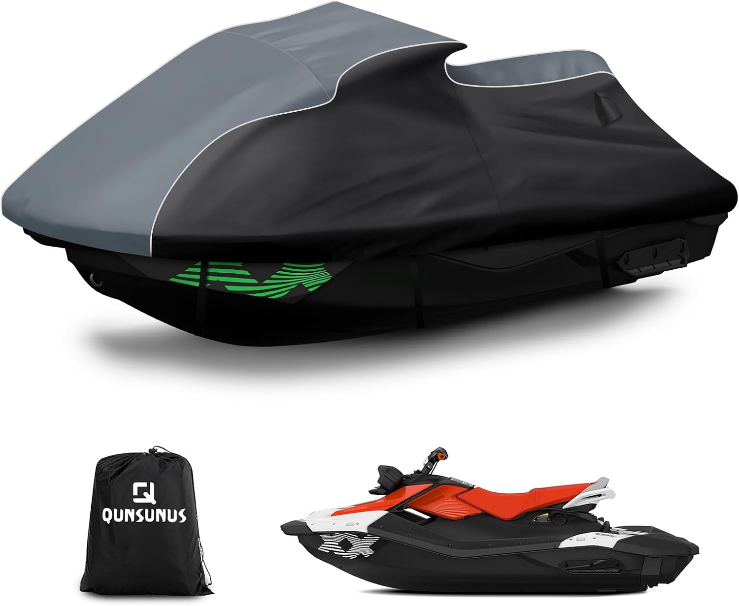 QUNSUNUS Jet Ski Cover for Sea Doo Spark 3up/Trixx 3up 2014-2025, Waterproof Covers with Zipper, All Weather Seadoo Cover with Elastic Edge for Wind, Sun, UV and Dust Protection