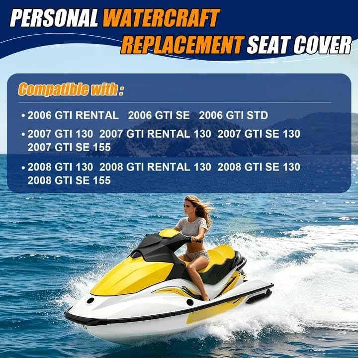 Seat Cover Replacement for 06-08 SeaDoo GTI STD/RENTAI/SE 130/155 | 3-Layer Custom Fit Faux Leather: Waterproof, Filter Inner, Tough Base. Staple Install (Basic Setup Accessories Kit Included)
