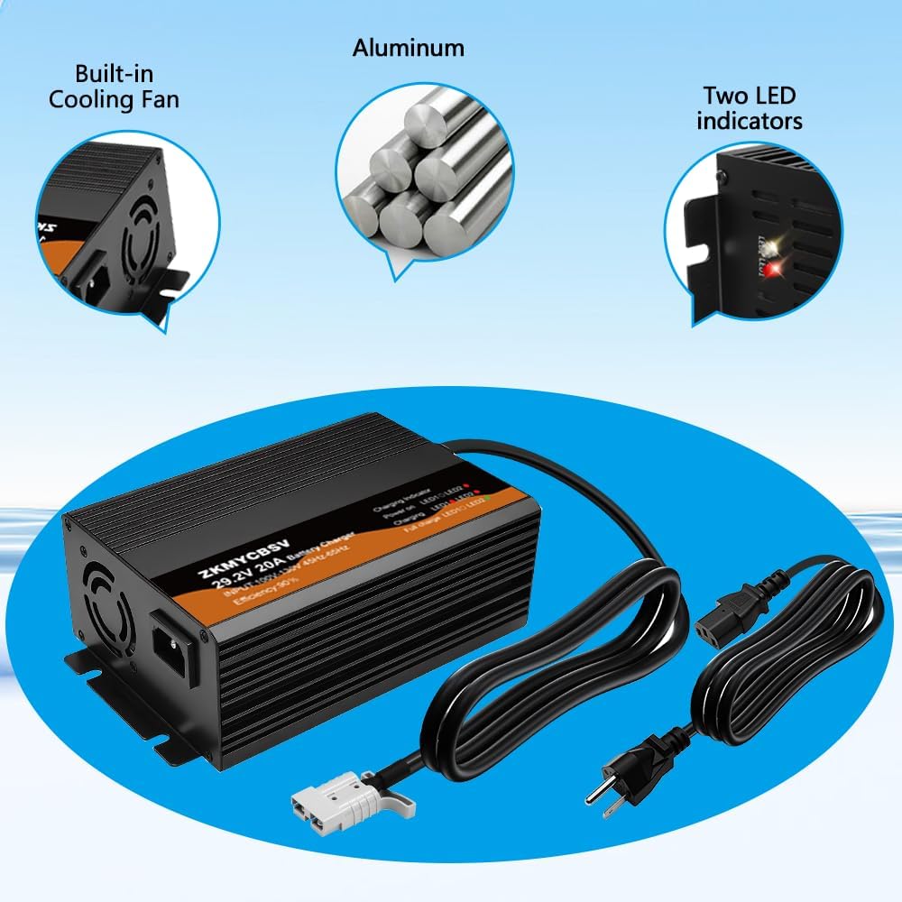 29.2V 20A LiFePO4 Battery Charger, 24 Volt LiFePO4 Battery Charger with LED Indicators, Bulit-in Cooling Fan, Support Fast Charging for Trailer RV SUV Boats