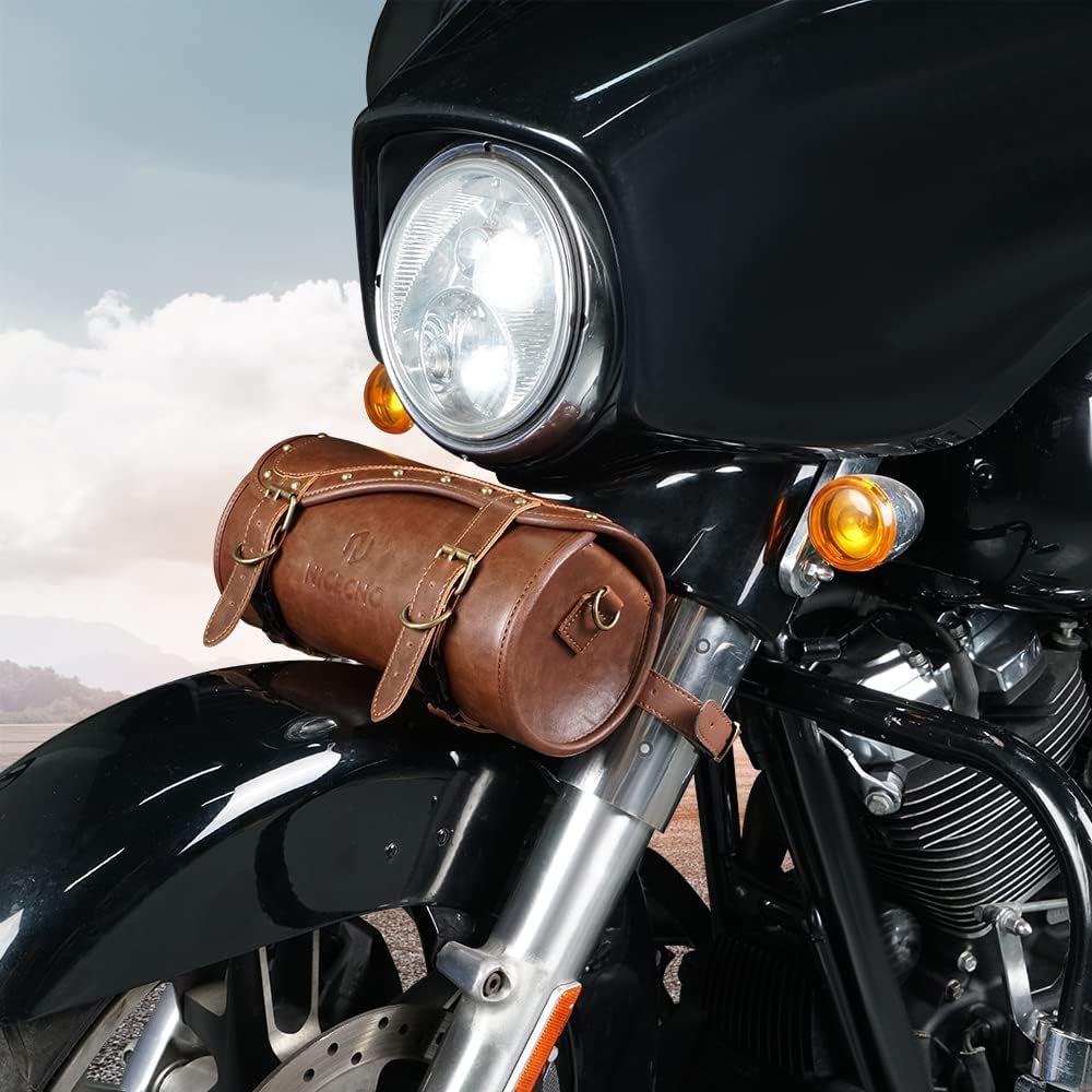 NICECNC Vintage Crazy Horse Lines Motorcycle Handlebar Bag - Universal Saddle Bag with Reinforced Straps, Brown