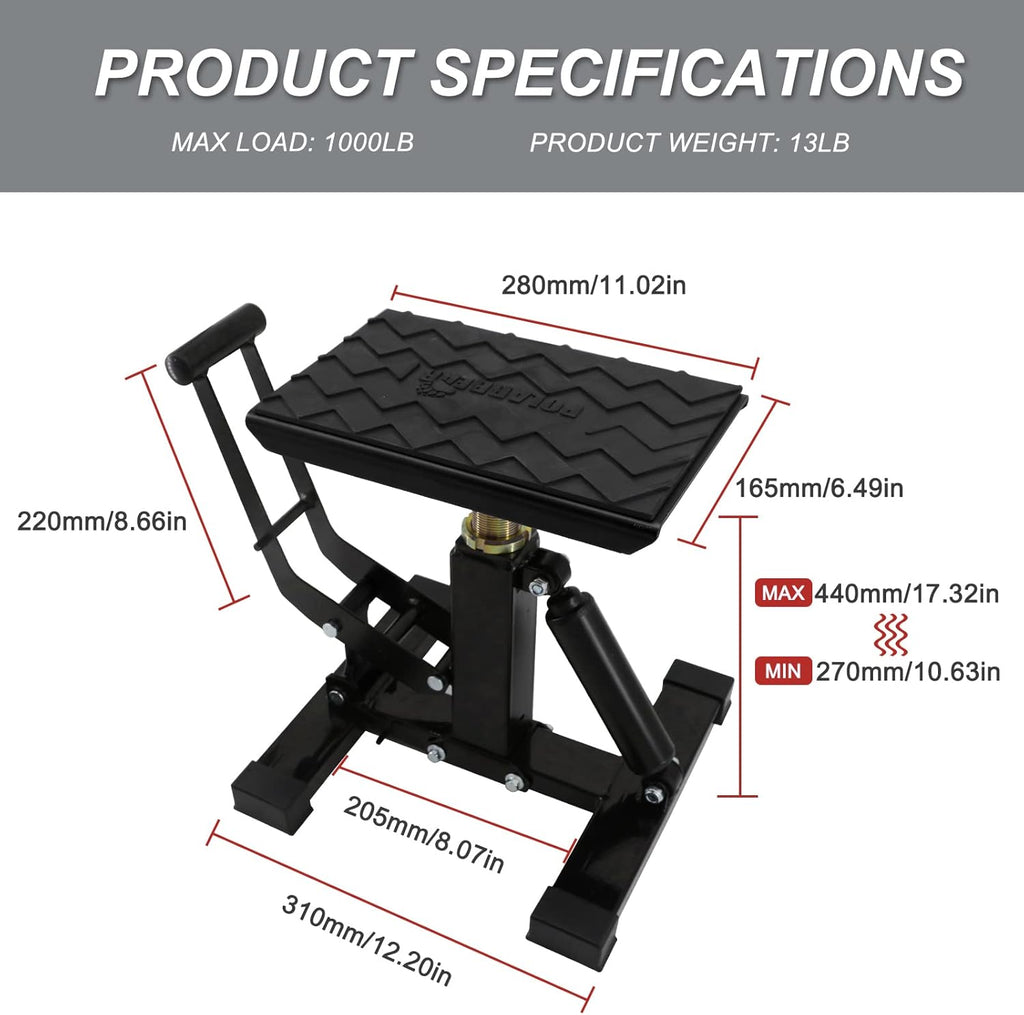 POLARBEAR Dirt Bike Stand Adjustable Jack Stand 1200Lbs Capacity Engine Stand Vertical Rise Easy Operated for ATV Dirt Bike Maintenance Lightweight(Black)