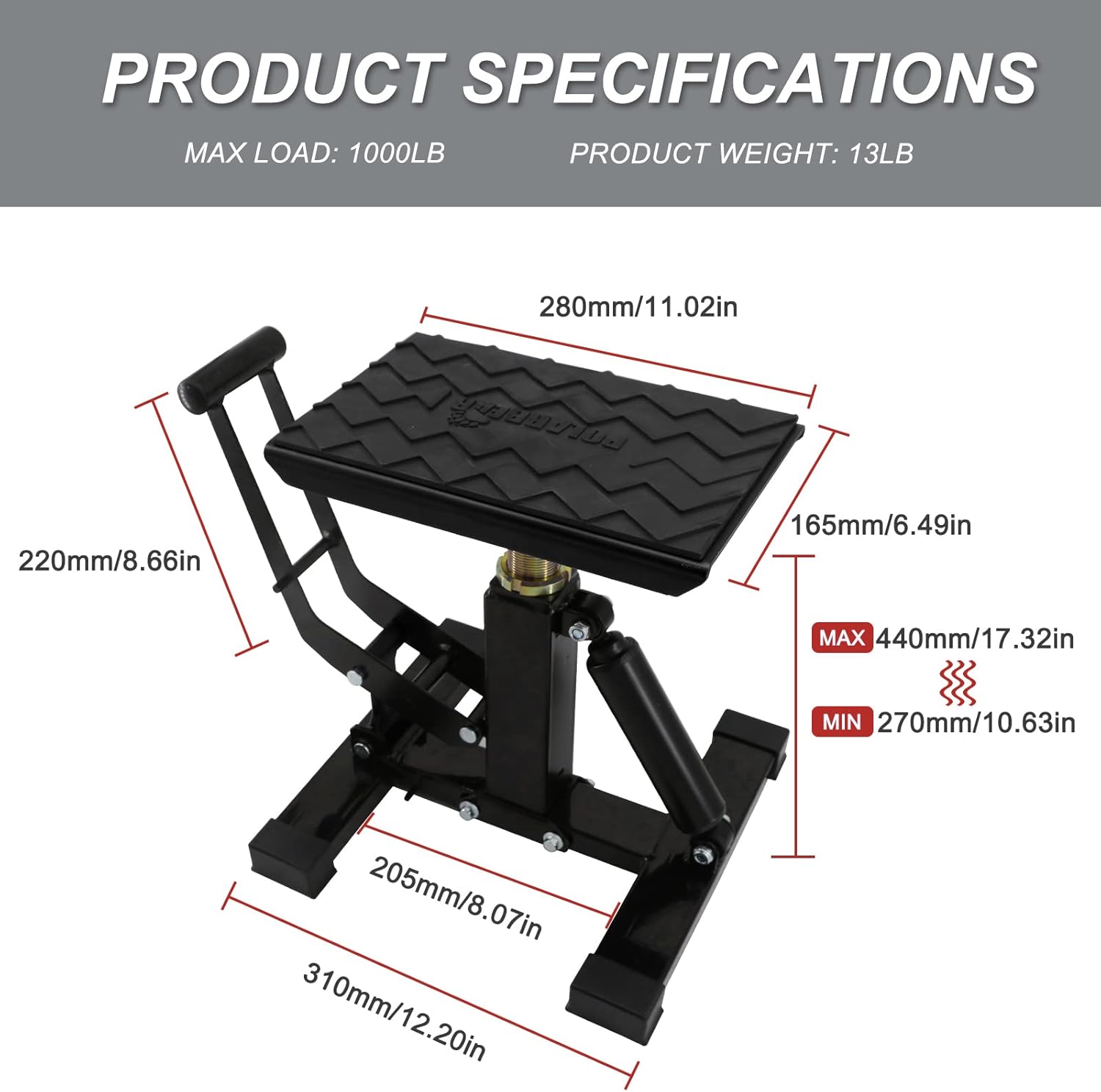 POLARBEAR Dirt Bike Stand Adjustable Jack Stand 1200Lbs Capacity Engine Stand Vertical Rise Easy Operated for ATV Dirt Bike Maintenance Lightweight(Black)