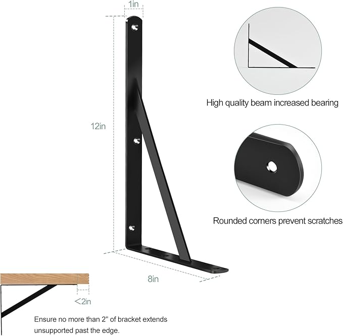 4 Pack L12 x H 8" Black Heavy Duty Shelf Brackets - Image 2