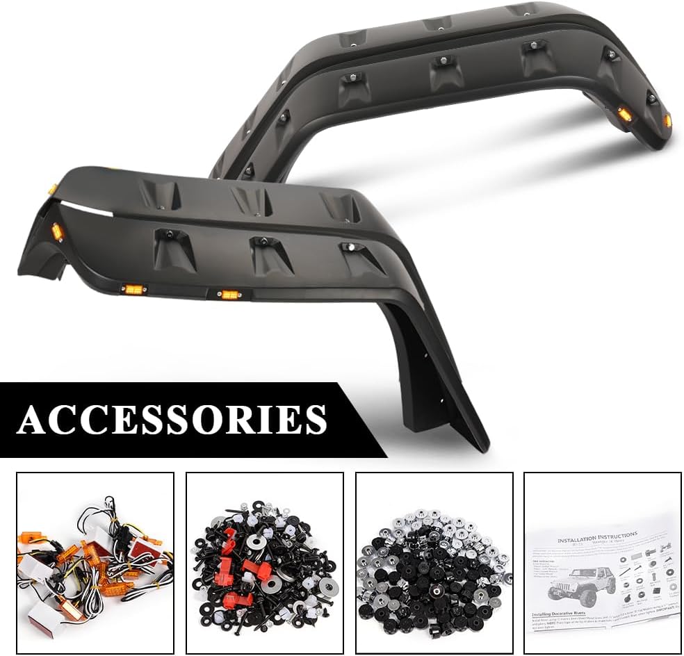 Fender Flares Compatible With Jeep JK Wrangler 2007-2018 2/4 door Model, Unlimited, Rubicon Unlimited Smooth Matte Pocket Riveted Style Wheel Flares With LED 4pcs