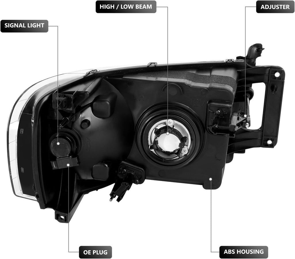 DNA MOTORING Pair Headlights Compatible with 02-05 Dodge Ram 1500 2500 3500, Left & Right, Black Housing Clear Corner, HL-OH-DR02-BK-CL1