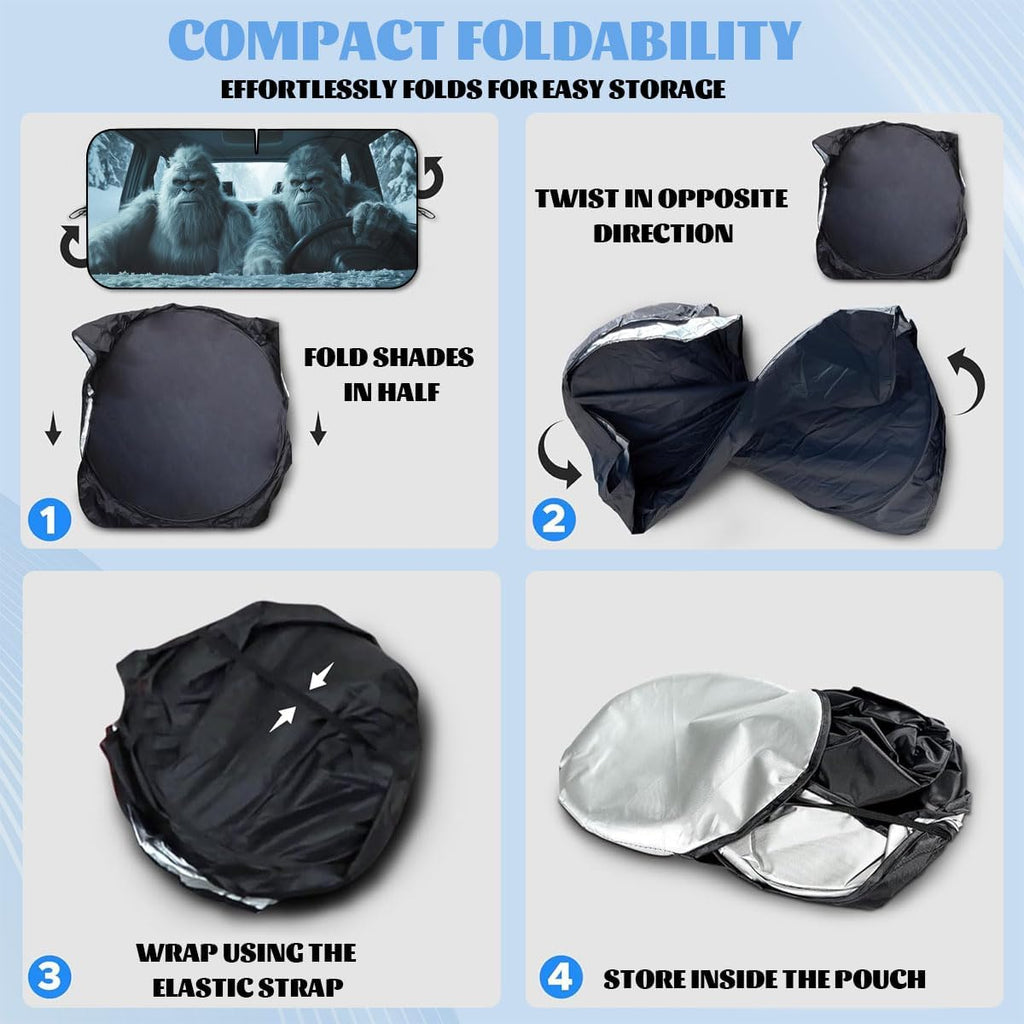 Funny Bigfoot Car Windshield Sunshades - Sasquatch Snow Monster Heatshield Front Window Sun Shade Blocks UV Rays - 59" L x 31.5" W