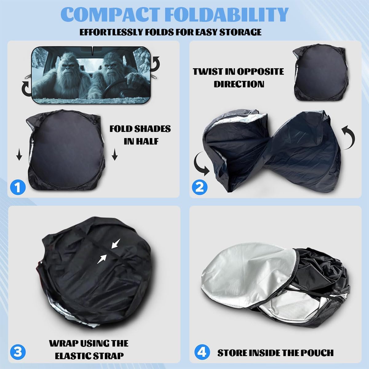 Funny Bigfoot Car Windshield Sunshades - Sasquatch Snow Monster Heatshield Front Window Sun Shade Blocks UV Rays - 59" L x 31.5" W