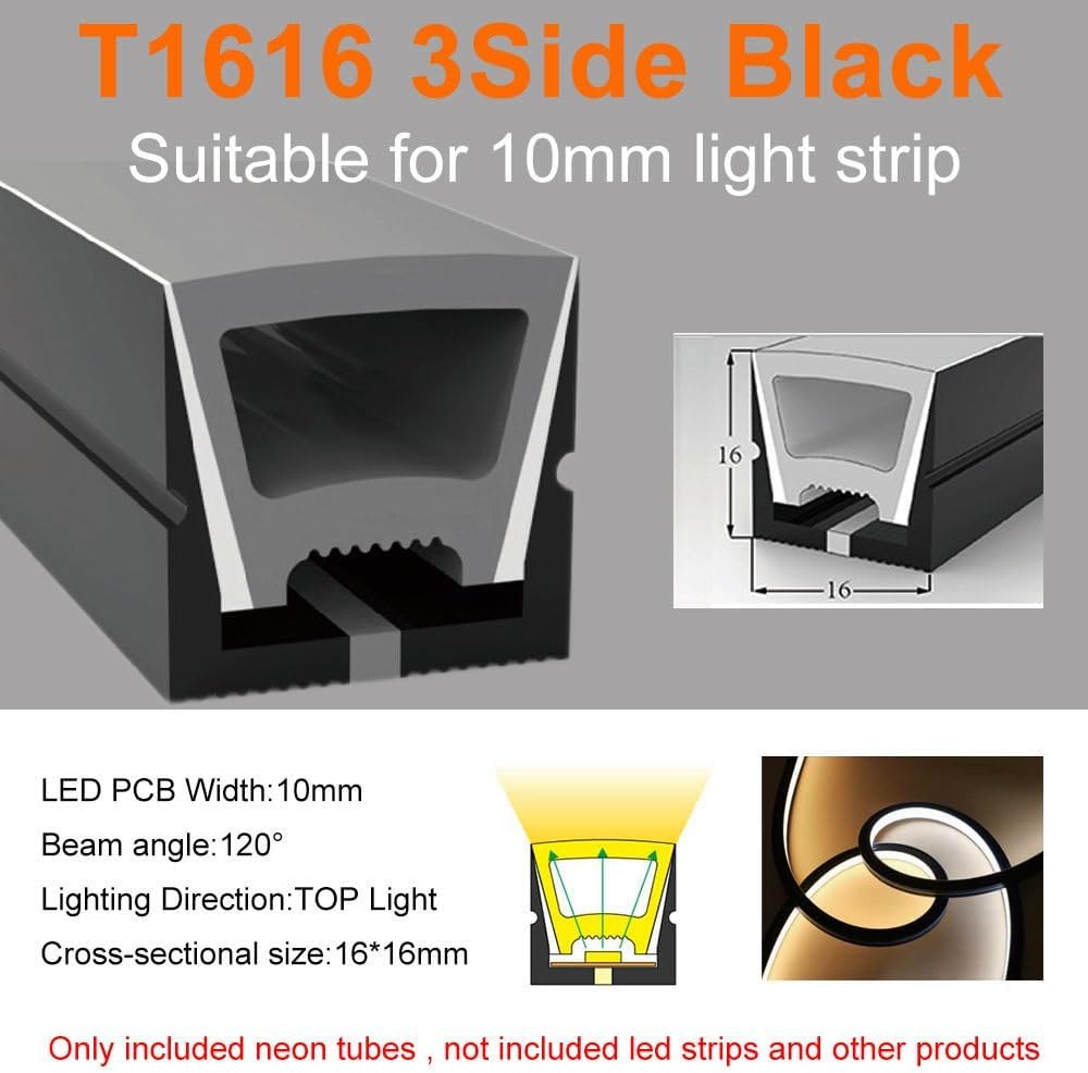 Black Neon LED Strip Light Cover - Flexible Silica Gel Tube 1pcs | T1616-3Side-1M