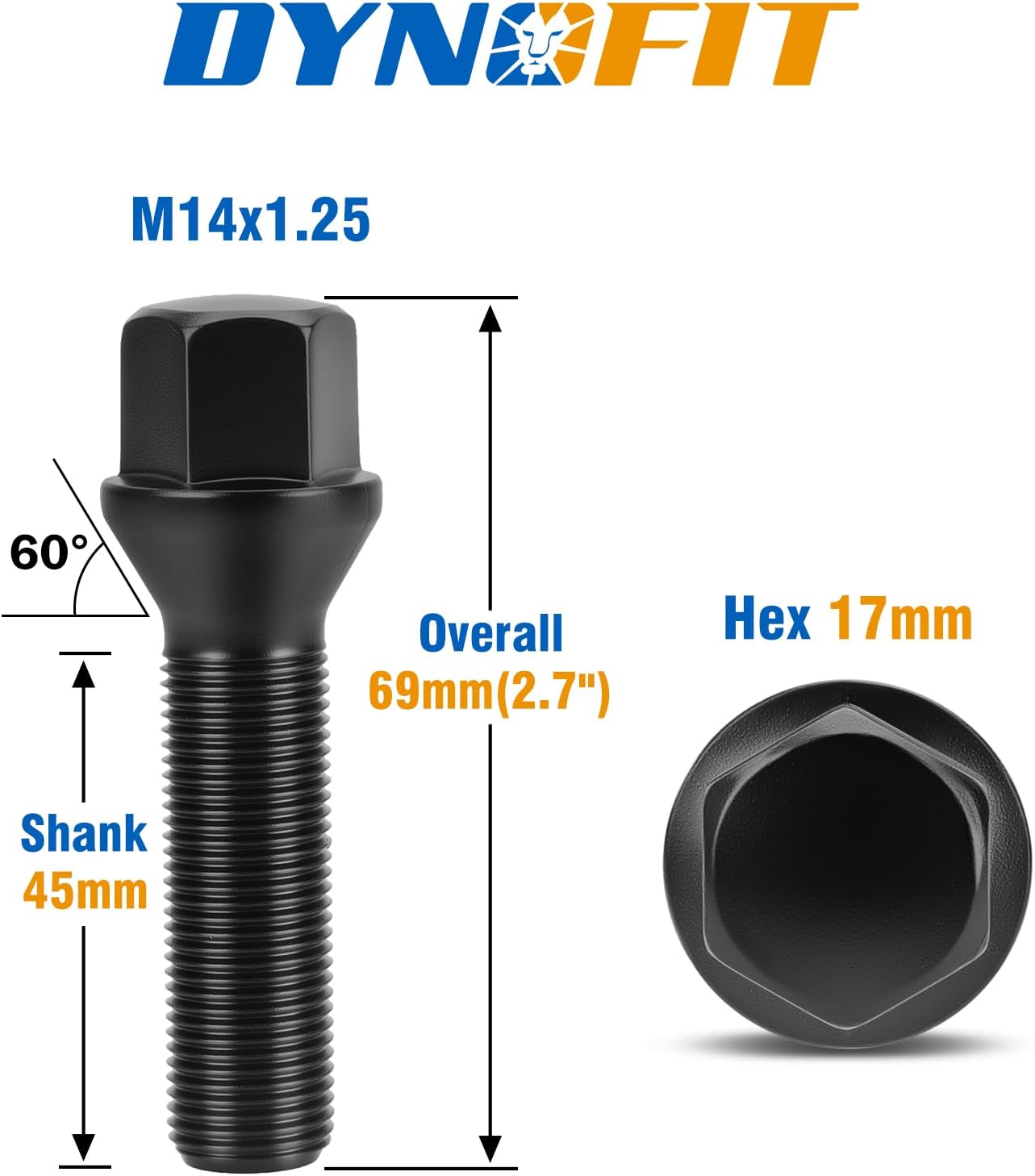 Dynofit 14x1.25 Lug Bolts Compatible with BMW F10 F30 F80 M3 M4 320i 328i Toyota Supra A90, 45mm Shank ET Bolts,BMW Rims with 15mm 20mm Wheel Spacers, 10 pcs Aftermarket Lug Studs for G20 G82 G87 F87