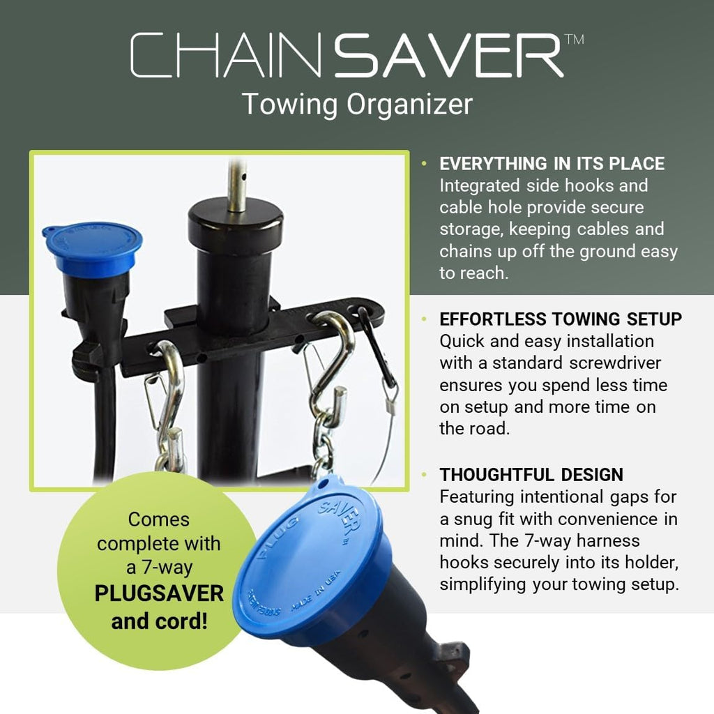 GR Innovations Chain Saver with PlugSaver and Tether | Nylon Tongue Jack Trailer Towing Organizer Kit | Essential RV Accessory | Easy Chain & Harness Storage | Made in USA