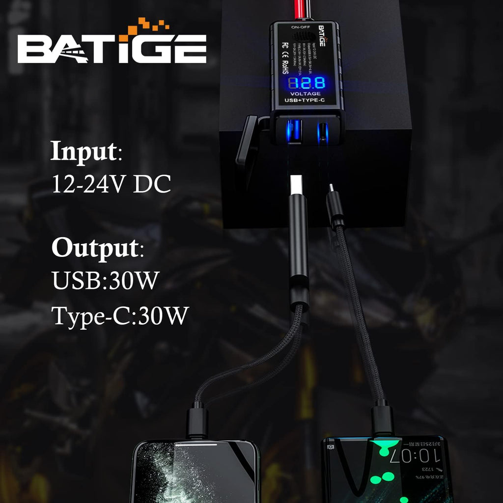 Motorcycle USB Charger SAE to USB Adapter Type C and Quick Charge USB 3.0 with Voltmeter, ON/Off Switch and 3.6FT SAE Extension Cable Waterproof 3 Install Options for GPS Smartphone Camera