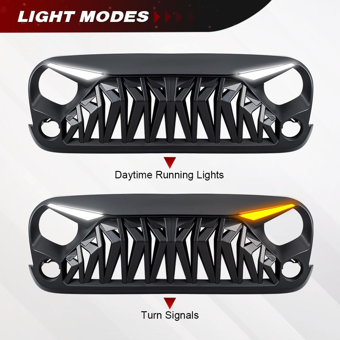 Front Grill Compatible with 2007-2018 Jeep Wrangler JK JKU, Shark Grille w/DRL Turn Signal Lights, Matte Black