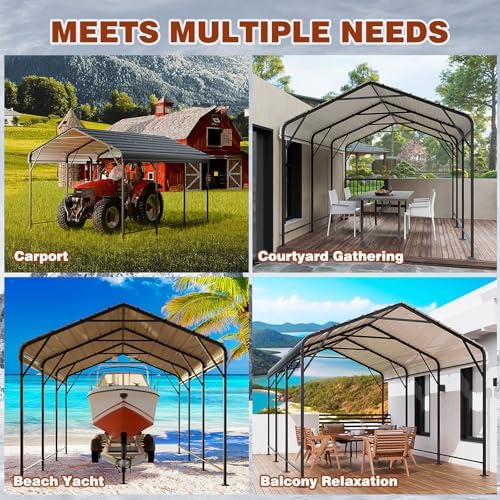 leveleve 10x15 ft heavy-duty metal carport, galvanized steel, front angle view