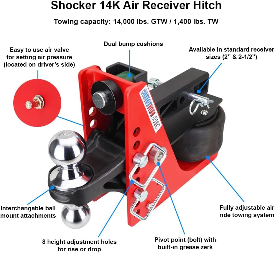 Shocker Air Hitch & Combo Ball with Sway Bar Tabs, Fits 2" Hitch Chrome Combo 2" & 2-5/16" Balls