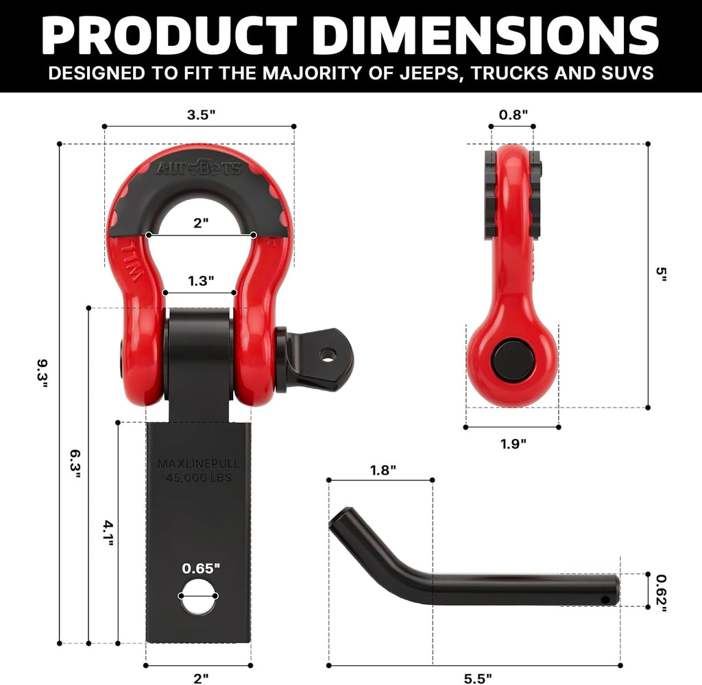 AUTOBOTS Shackle Hitch Receiver 2", Heavy Duty Recovery Hitch Red Black | Max 45,000 Lbs, with 3/4" Shackle, Fits 2" Receiver Hitches, Towing Offroad Accessories for Overlanding Truck, Jeep,4x4