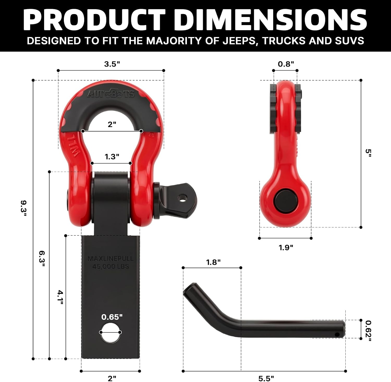 AUTOBOTS Shackle Hitch Receiver 2", Heavy Duty Recovery Hitch Red Black | Max 45,000 Lbs, with 3/4" Shackle, Fits 2" Receiver Hitches, Towing Offroad Accessories for Overlanding Truck, Jeep,4x4