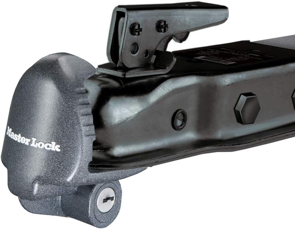 Master Lock Black Universal Size Trailer Hitch Lock, Trailer Coupler Lock for Securing RV’s, Horse Trailers, Tool Trailers and More, 379ATPY
