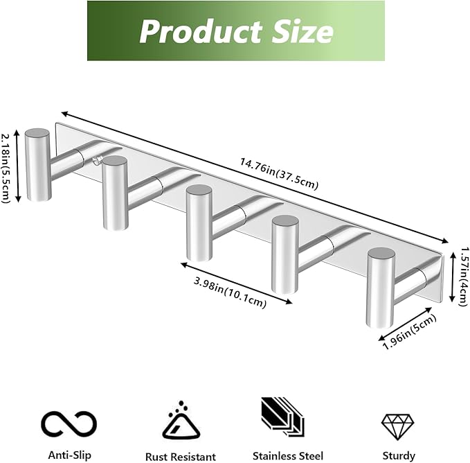Wall Mounted Coat Rack-5 Hooks, Heavy Duty Stainless Steel Hook Rail - Image 2