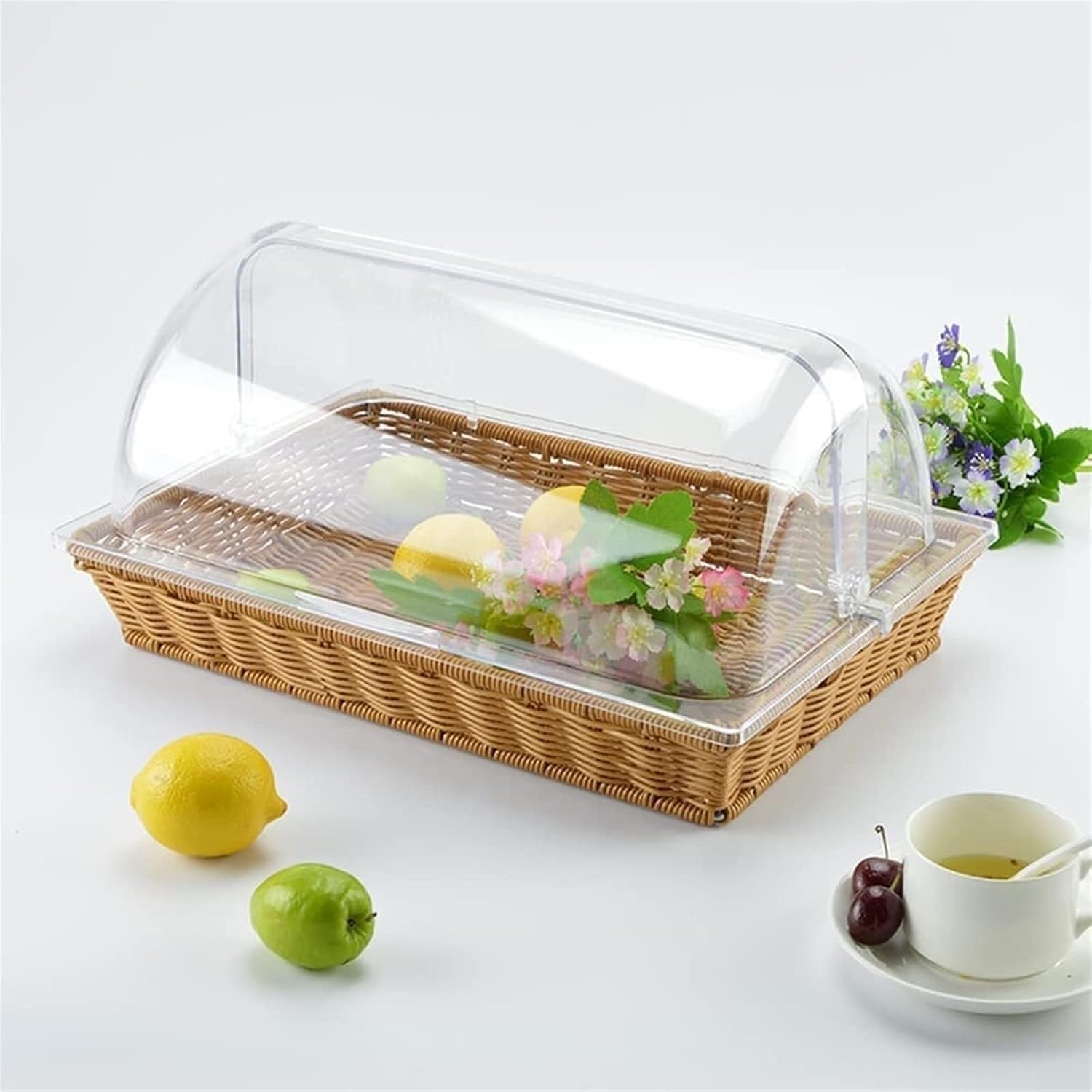 Fruit Basket Bread Basket Imitation Wicker Basket With Lid Rectangular Food Display Basket Woven Bread Tray With Clear Flip Lid(B)