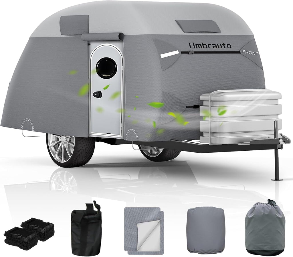 Teardrop Trailer Cover Fits 12'-15' RV, Camper Cover for R-Pod Trailers | Waterproof Travel Trailer Cover, 7 Layers Top, Leightweight, Camper Cover with Windproof Strap for Clamshell Trailers