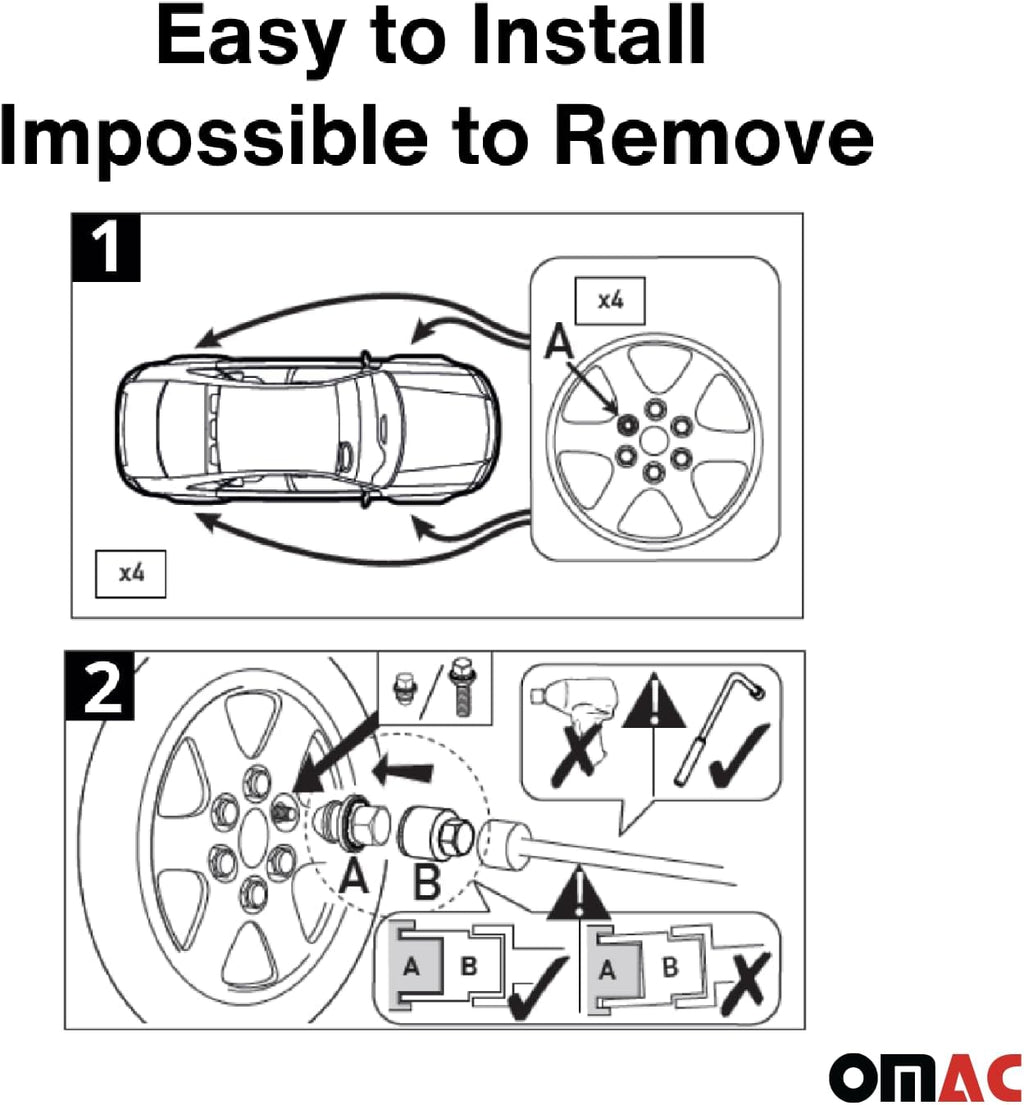 OMAC Wheel Lock Kit Compatible with Jeep Renegade, fits Fiat 500X 500L M12X1,25 Silver 4Locks & 1Key