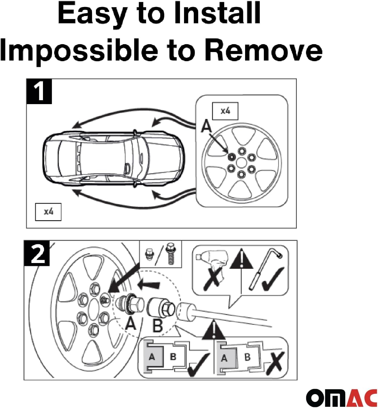 OMAC Wheel Lock Kit Compatible with Jeep Renegade, fits Fiat 500X 500L M12X1,25 Silver 4Locks & 1Key