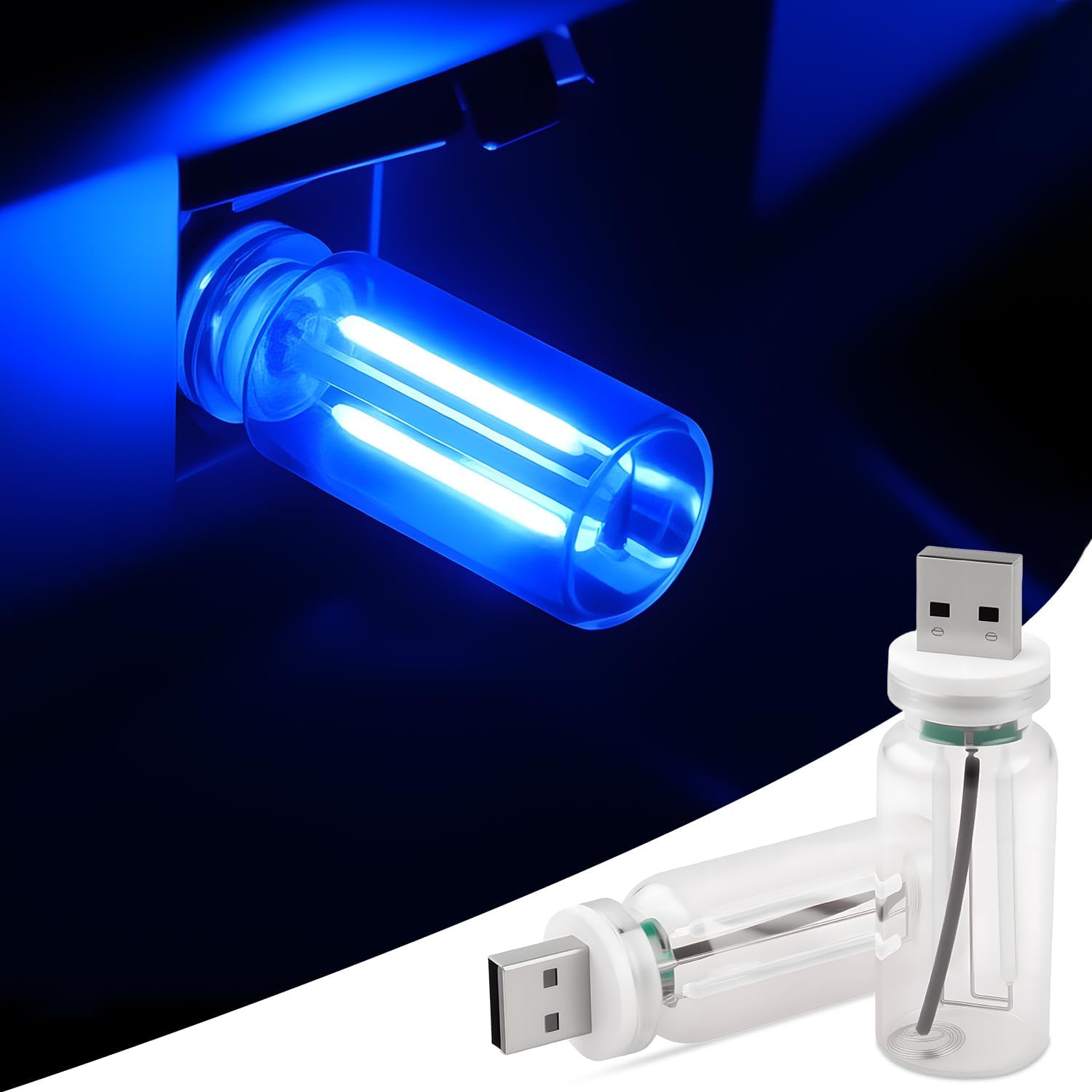 2 PCS Car USB Lights, Plug-in Retro Car Atmosphere Lamp with Touch Dimmable, Portable Mini Glass Bottle LED Bulb Night Lights for Vehicle Bedroom Hallway Camping Holiday Decoration (Blue)