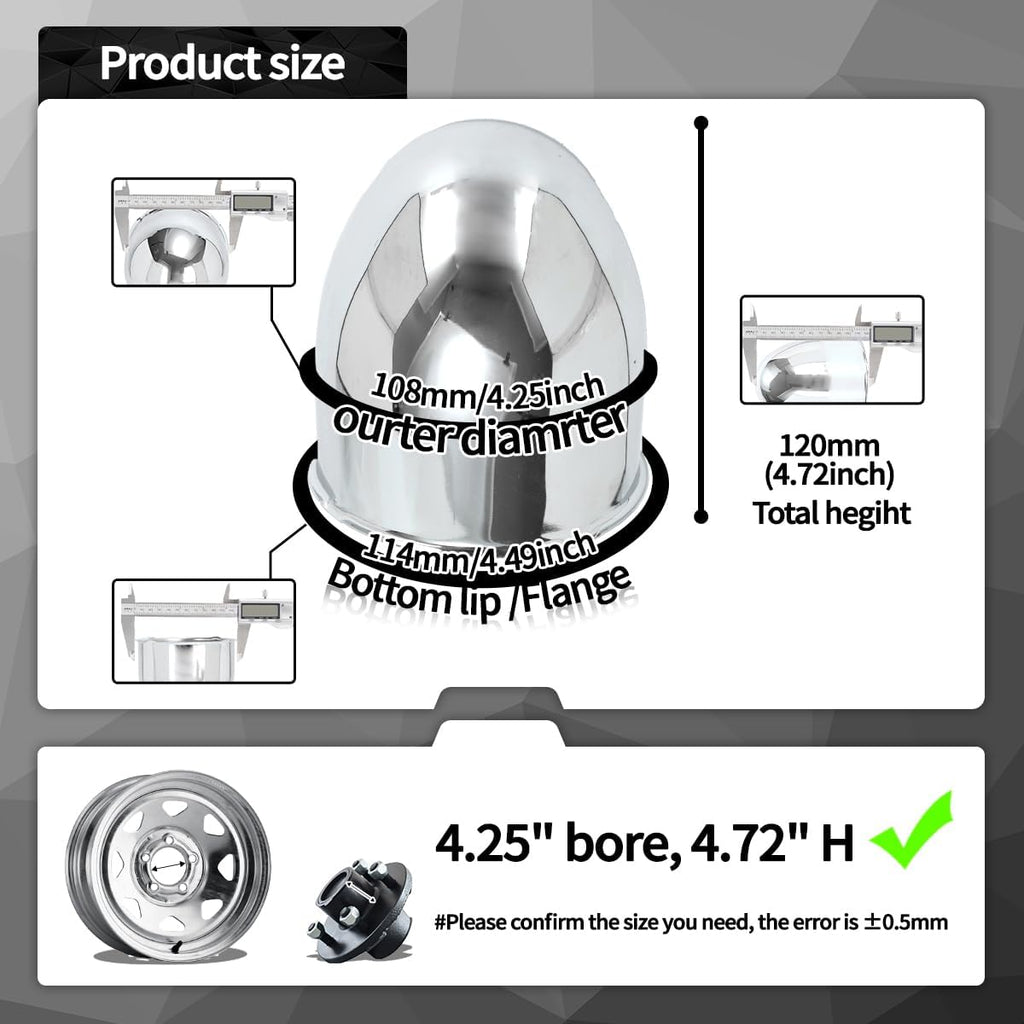 4Pcs 4.25inch Trailer Wheel Center Caps Push Through 4.25" Bore 4.72" Tall Pointed Hub Cap for Truck SUV RV Wheel Rim, Chrome Wheel Cover
