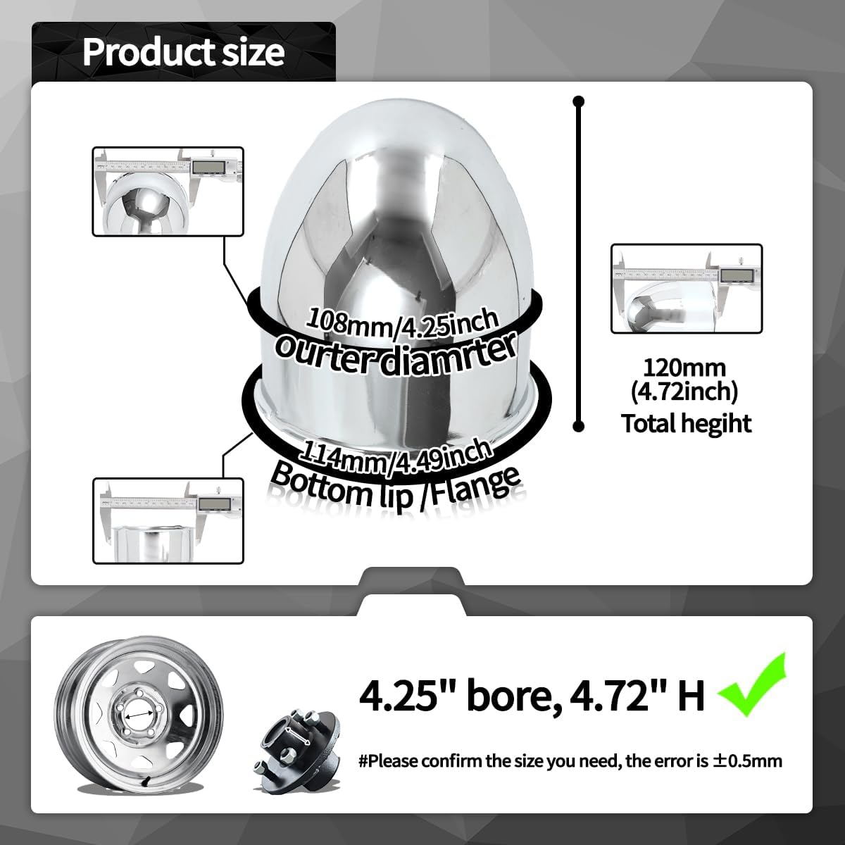 4Pcs 4.25inch Trailer Wheel Center Caps Push Through 4.25" Bore 4.72" Tall Pointed Hub Cap for Truck SUV RV Wheel Rim, Chrome Wheel Cover