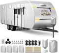 600D Oxford Fabric RV Cover 24-27ft Travel Trailer Cover, 6 Layers Waterproof Rip-Resistant Anti-UV Motorhome Camper Cover with Tongue Jack Protection, Tire Covers, Windproof Straps