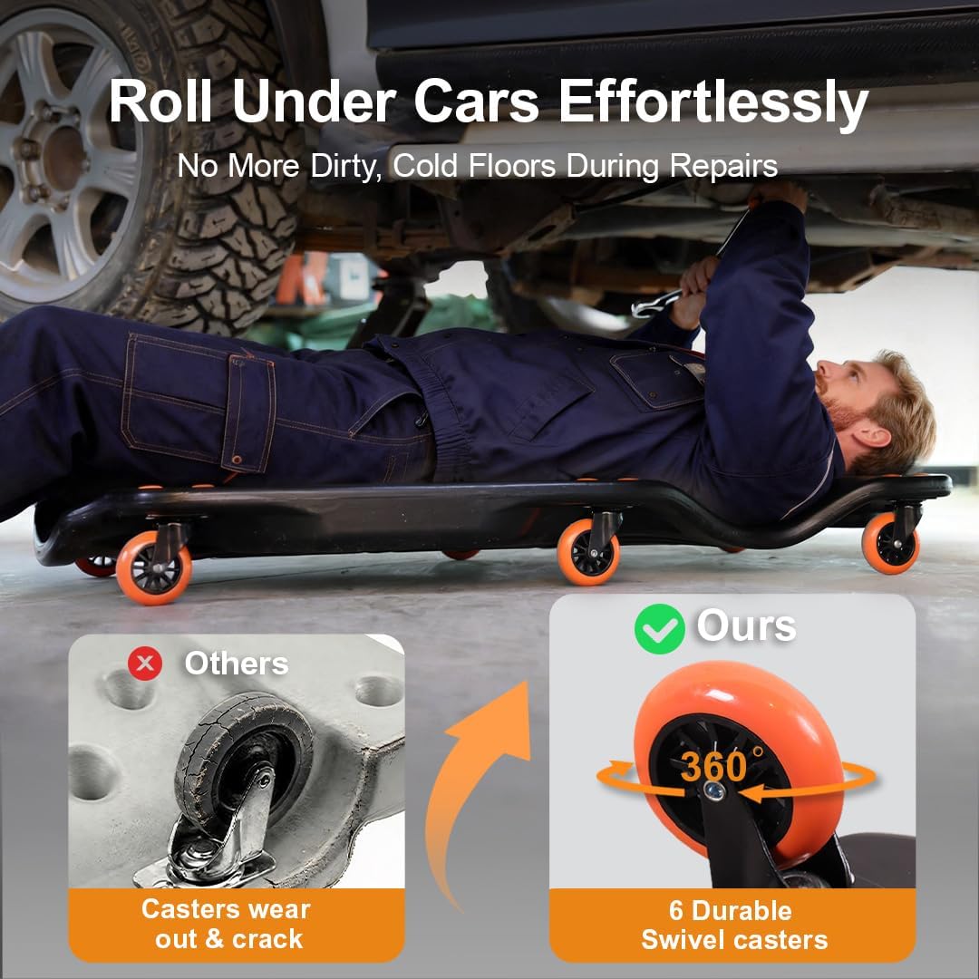 42" Mechanic Creeper with 6 Swivel Casters, Ergonomic Car Creeper with 2 Soft Pads, 350LBS Capacity Low-Profile Design & 2 Tool Trays for Automotive and Garage Repair
