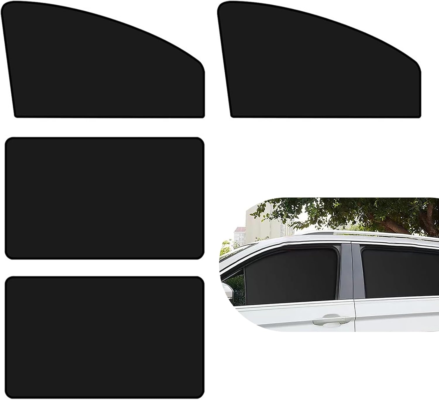 4 PCS Car Side Window Sun Shade, 24.40In x 18.89In x 12.99In Front & 31.49In x 18.89In Rear Magnetic Window Shades, Blackout Privacy Protective Curtain, Heat Insulation for Most Cars (Black)