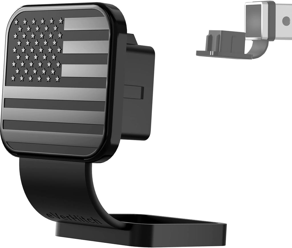 American Flag Trailer Hitch Cover Plug with Retention Ring – Black Aluminum 2 Inch Hitch Receiver Cover Insert for Trucks, SUVs & Jeeps