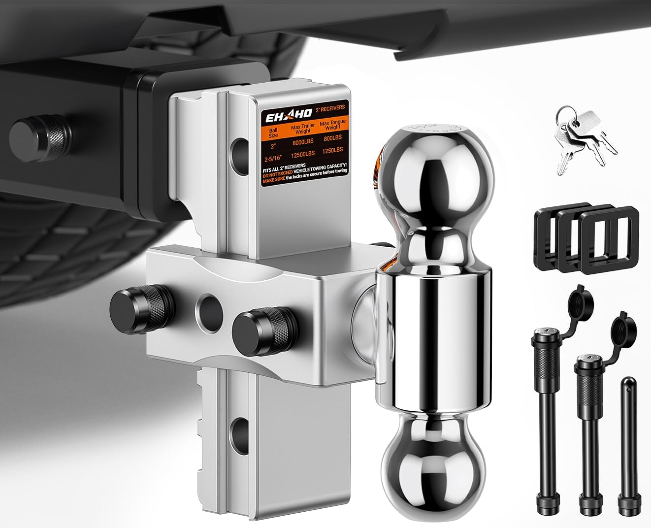 Ehaho Adjustable Trailer Hitch, Drop Hitch 2 Inch Receiver with 6 Inch Drop/Rise for Truck 12,500 LBS GTW, Waterproof Double Anti-Theft Locking Hitch Pins