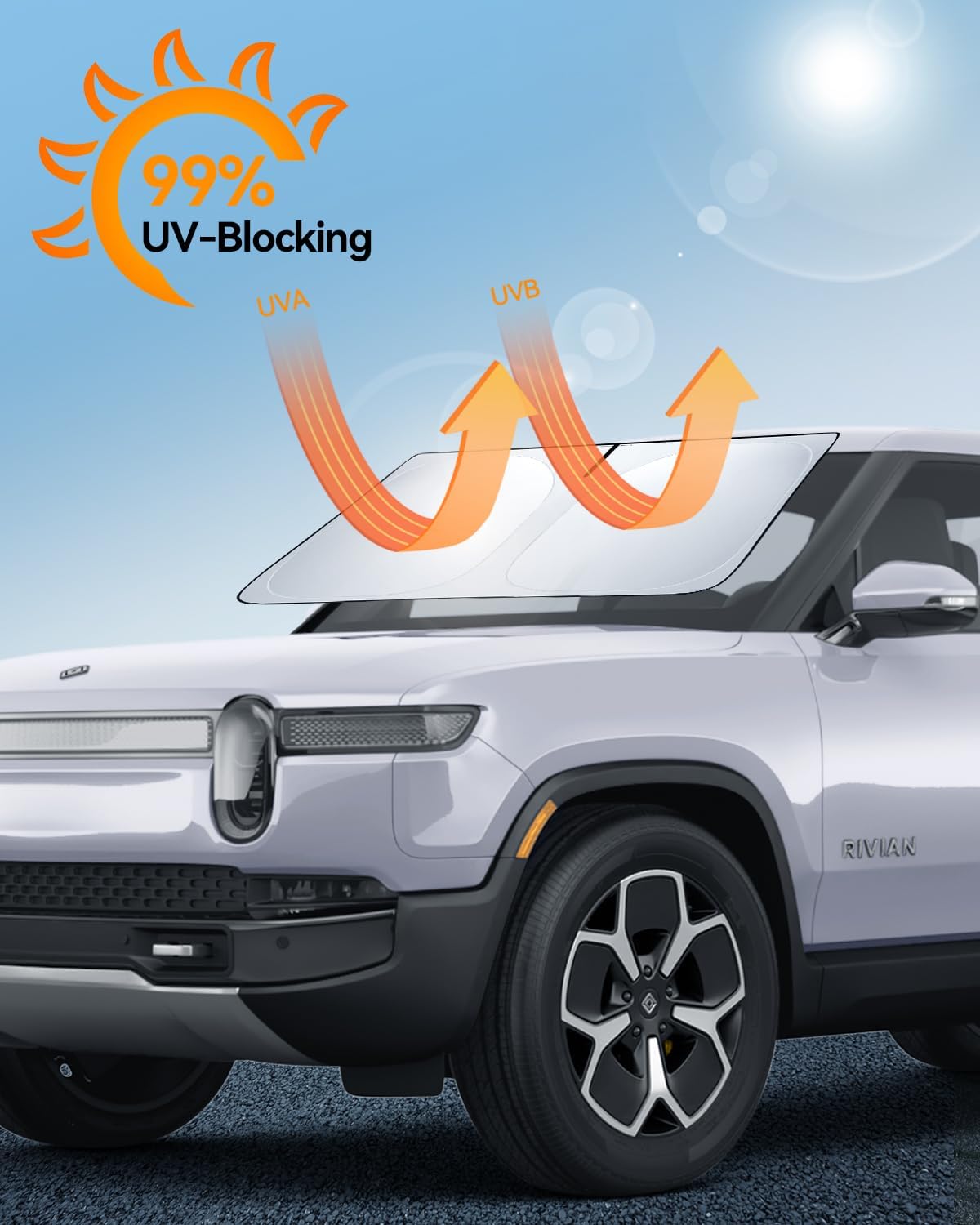 Windshield Sunshade for 2022 2023 2024 Rivian R1S/R1T Accessories Foldable Sun Shield Block UV Rays with Dual-Silver Coating& Nano Ice Crystal Cooling Keeps Car Interior Cool& Protected