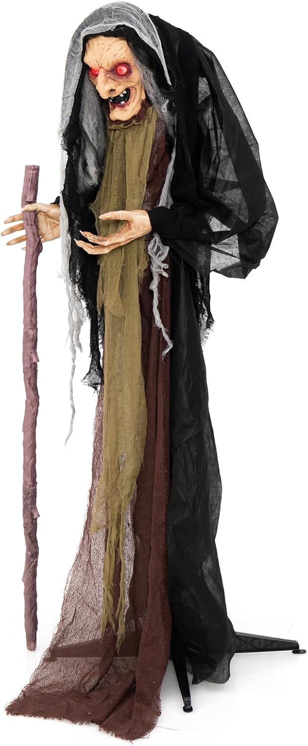 Tangkula 5 FT Halloween Animated Standing Hunchback Witch Holding Cane