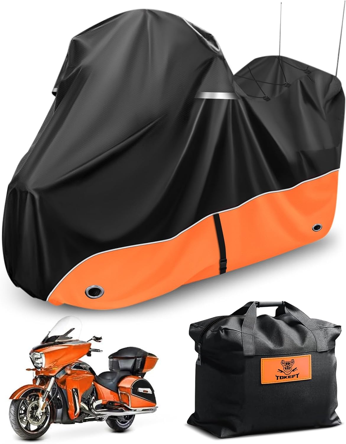 Motorcycle Cover, 110 Inch with Side+Top Box Touring Models Specific Vehicle Cover Storage Suitable for Harley-Davidson Ultra Limited, Road Glide Limited, Gold Wing, Road Master Orange
