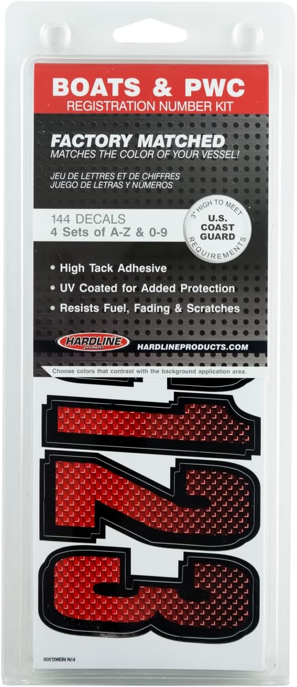 Hardline Products USA Series 300 Factory Matched Boat Registration Numbers - 3 Inch Red & Black Marine Lettering Kit - USCG Compliant, Fuel & Fade Resistant Vinyl Decals for Hulls & PWCs
