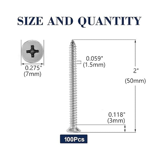 #7 x 2" Wood Screw 100Pcs 18-8 Stainless Steel Screws Flat Head Phillips Fast - Image 2