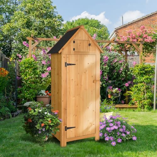 vingli outdoor wooden storage shed, garden shed outside shown in use