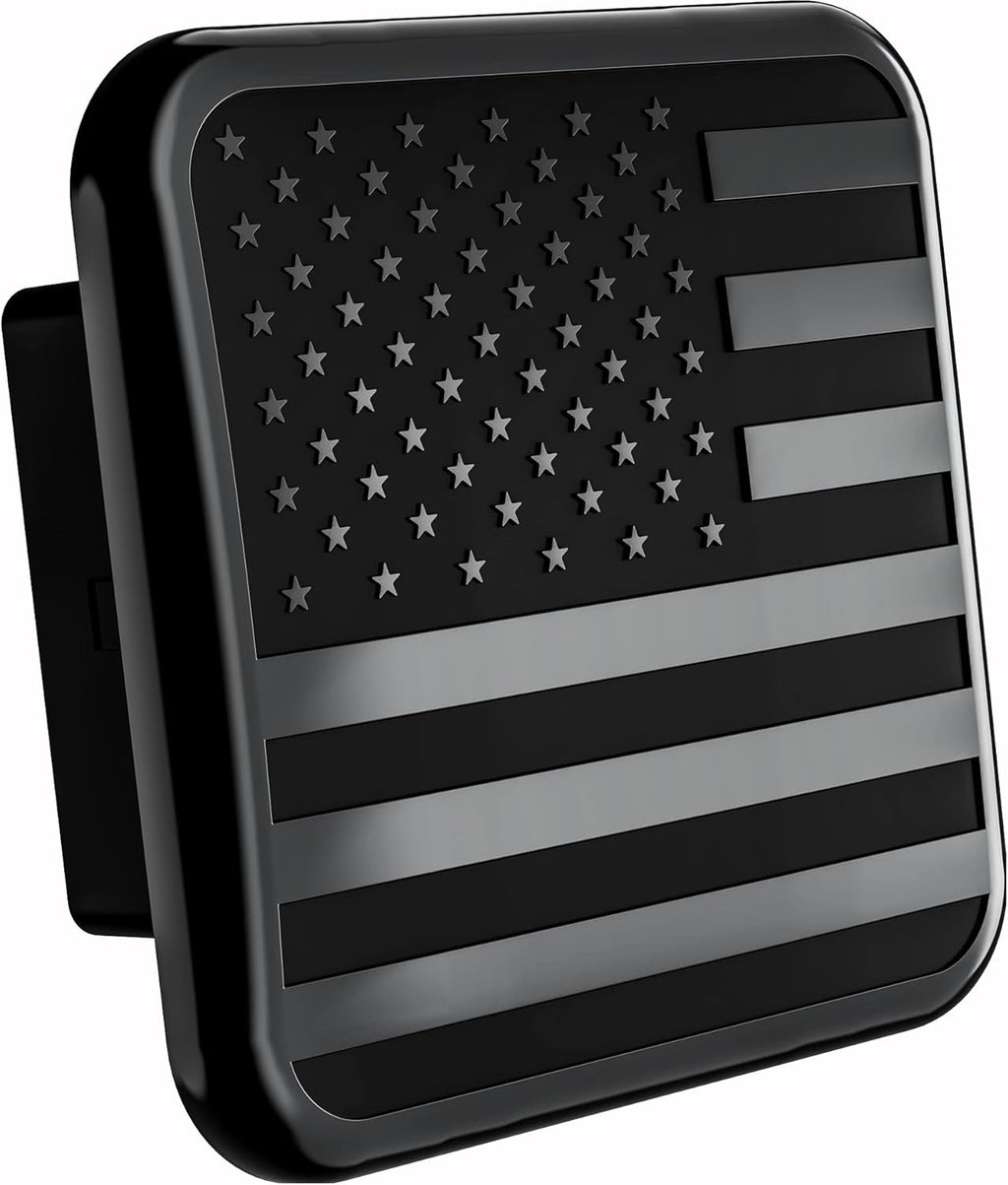 American Black Flag Trailer Hitch Cover for 2 Inch Receiver – Matte Black Metal USA Flag Hitch Plug – Heavy Duty Rubber & Aluminum Tow Hitch Cover – No Pin Required