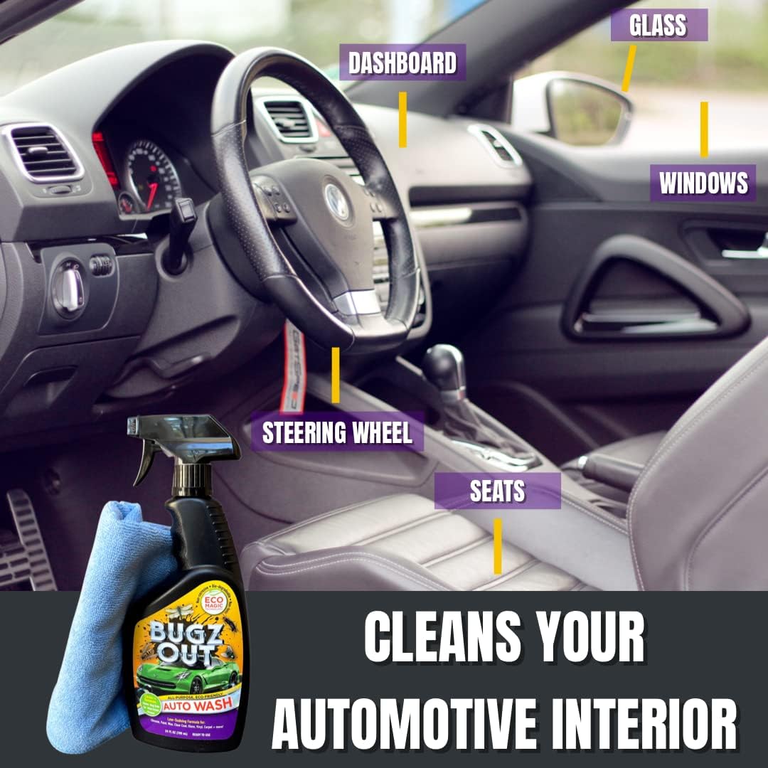 Car Bug Cleaner, Remover & Wash - Spray Bugs, Tar, Bird Poop Off Exterior of Car & Windshield. Remove Black Streaks Without Scratching or Removing Paint. 24 oz bottle w/ Microfiber Cloth
